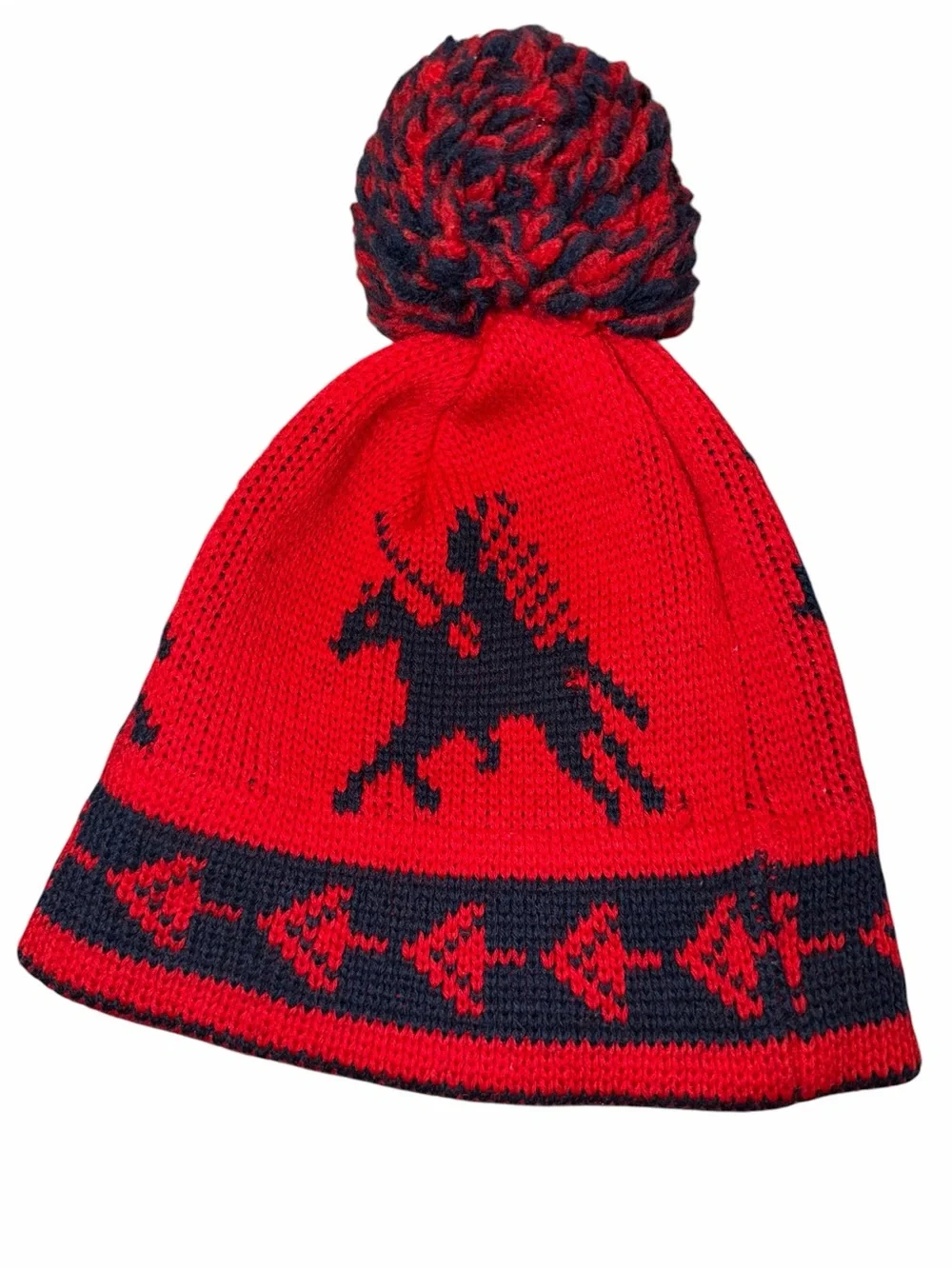 Vintage Wigwam Wool Knit Beanie Winter Ski Hat red blue Native American horse